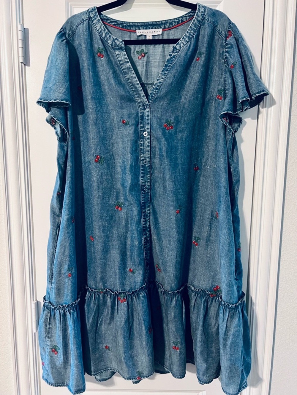 Denim Cherry Embroidered Button-Front Dress